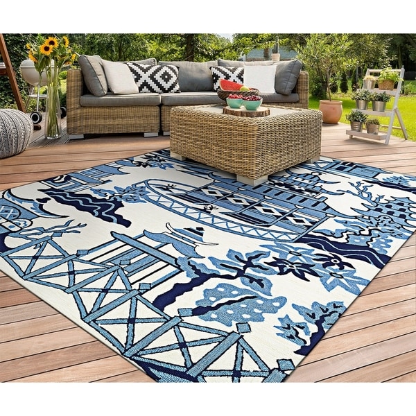 Miami Pagoda Blue-Ivory Indoor/Outdoor Area Rug - 2' x 4'