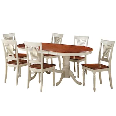 7-Piece Solid Wood Dining Set "Princeton", Modern Kitchen Table Set, Buttermilk And Saddle Brown