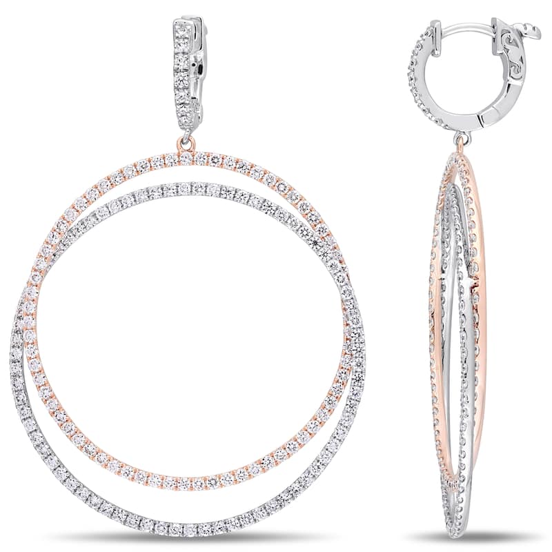 Miadora 2-Tone 14k White and Rose Gold 3-3/5ct TDW Diamond Double Hoop Dangle Earrings