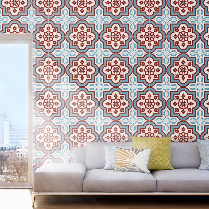 Handmade Taza Blue, Red, White Tile, Pack of 12 (Morocco)