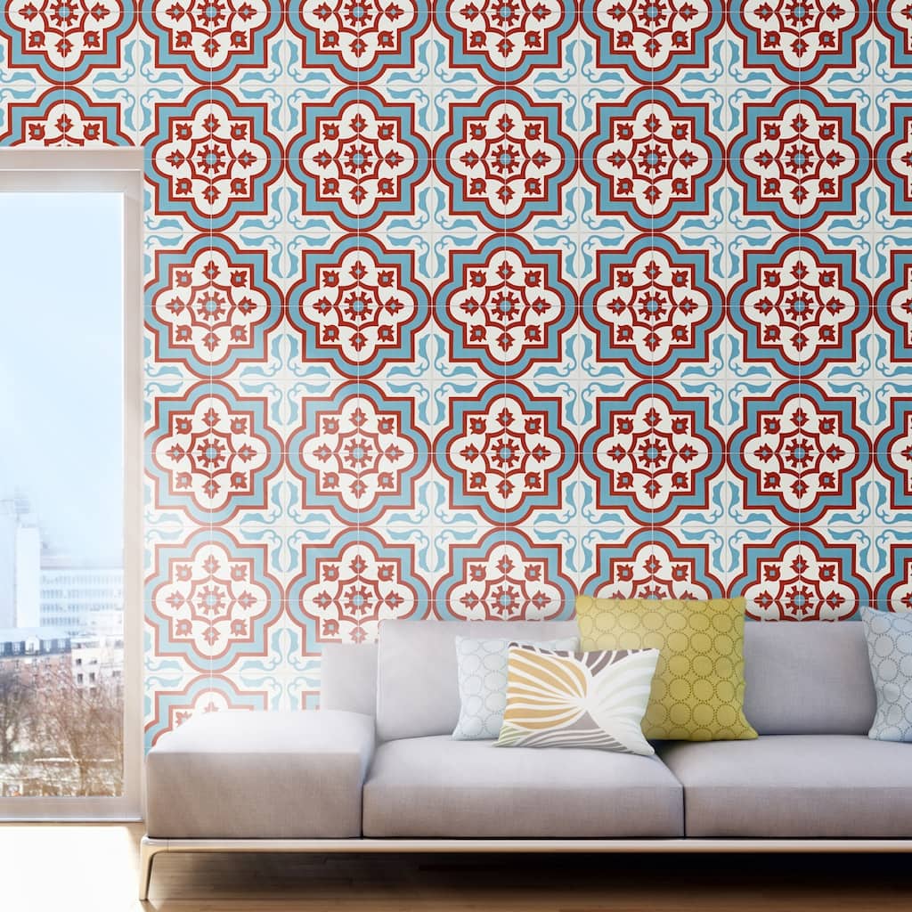 Handmade Taza Blue, Red, White Tile, Pack of 12 (Morocco)