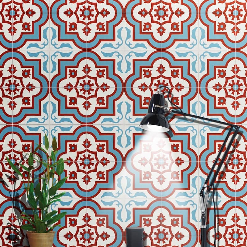 Handmade Taza Blue, Red, White Tile, Pack of 12 (Morocco)