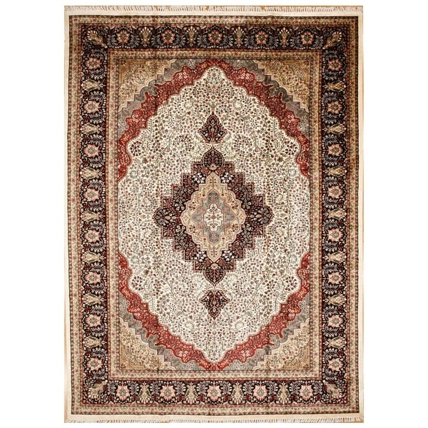 Persian Hand Knotted Rug 2 Ivory/Navy 1 Art Silk