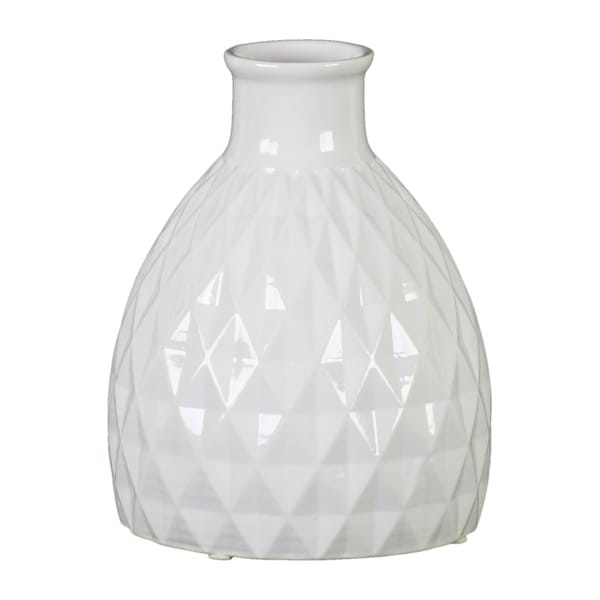Urban Trends Ceramic Bellied Round Vase with Short Neck, Embossed Diamond Design Body and Tapered Bottom in Gloss Finish - White