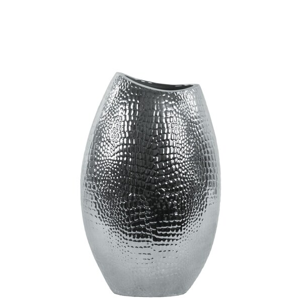 UTC14945: Ceramic Oval Bellied Vase with Uneven Lips, Embossed Scale Design Body and Tapered Bottom SM