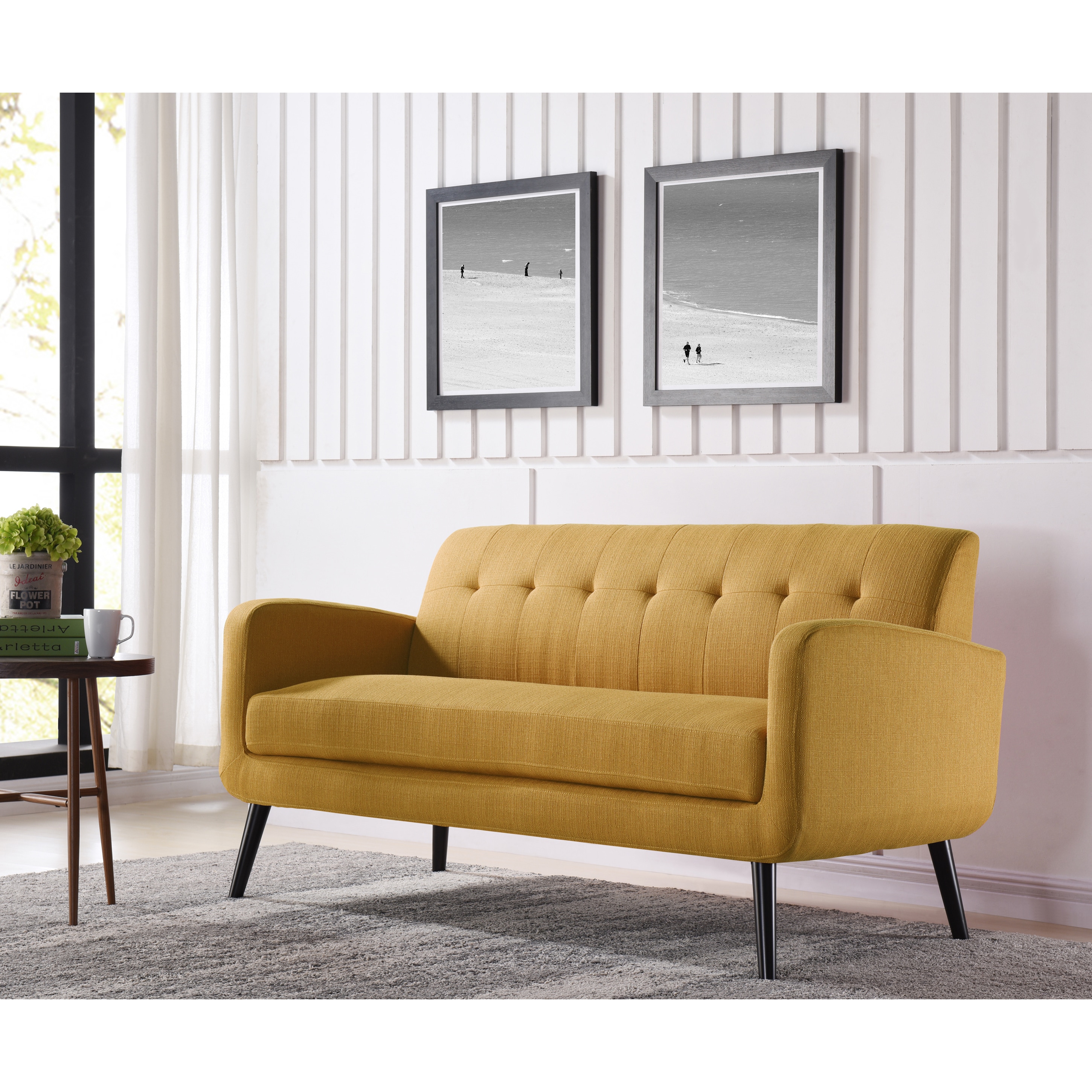 Handy Living Kingston Mid Century Modern Mustard Yellow Linen Sofa | eBay