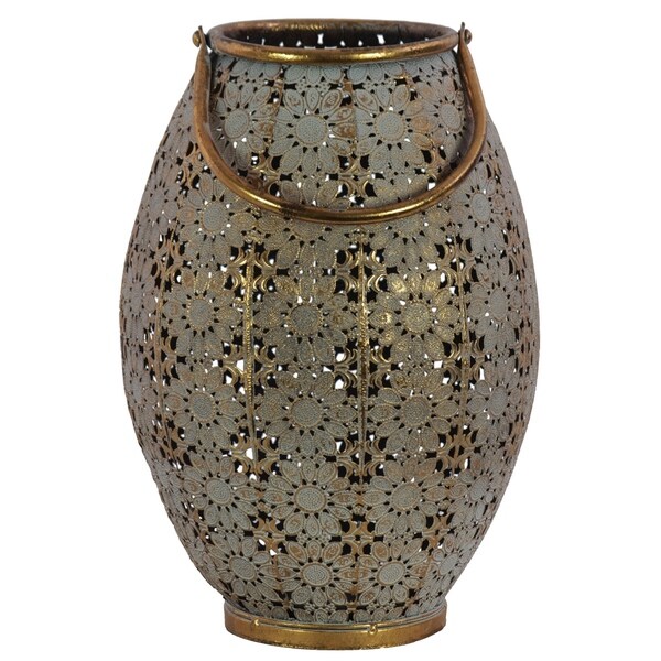 Urban Trends Metal Round Lantern with Sunburst Design Pierced Metal Body and Handle in Metallic Finish, Large - Gold - N/A