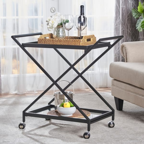 slide 7 of 6, Sherianne Industrial Tempered Glass Bar Cart by Christopher Knight Home - N/A Black