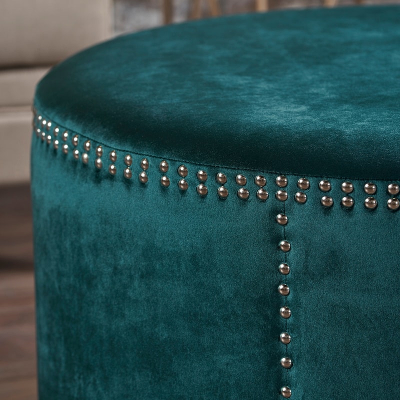 Jaewon Studded Velvet Round Ottoman Stool by Christopher Knight Home