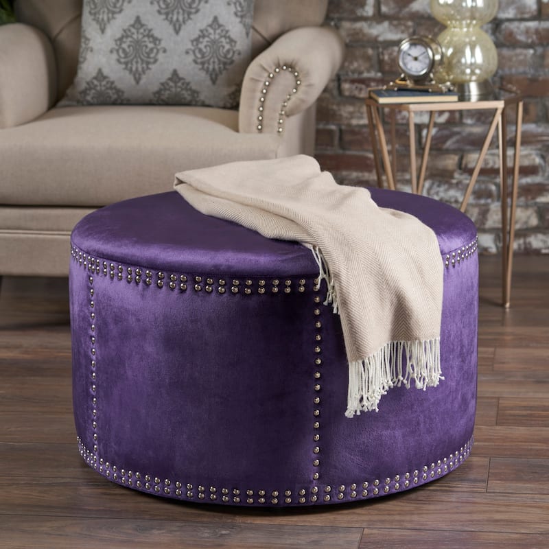 Jaewon Studded Velvet Round Ottoman Stool by Christopher Knight Home