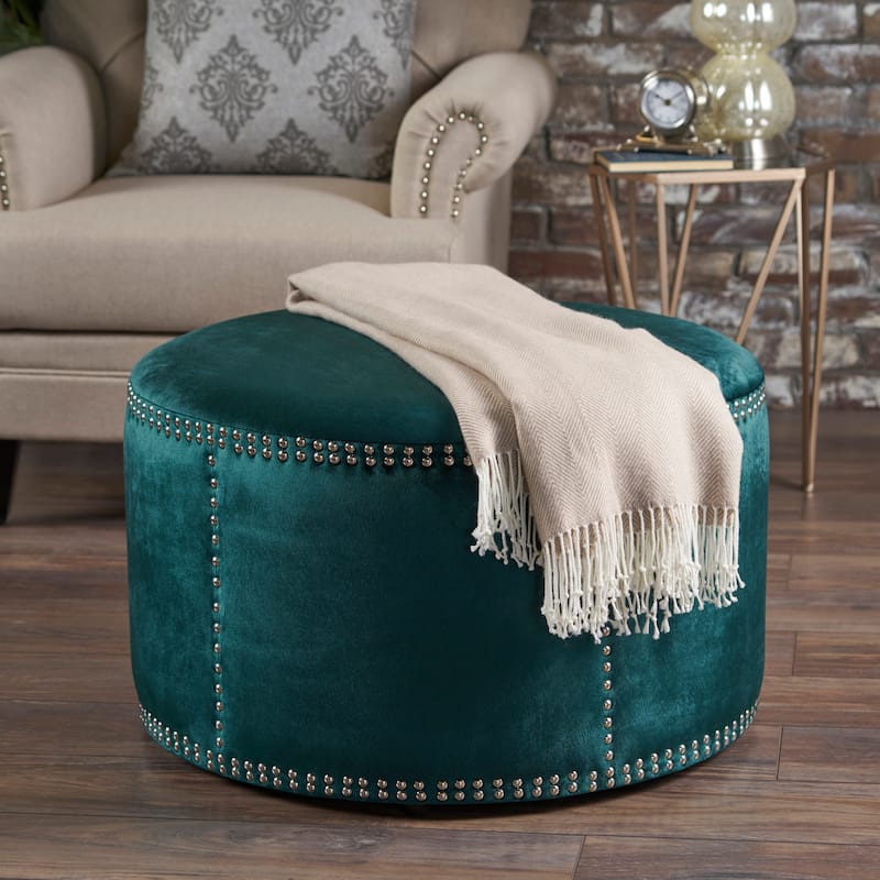 Jaewon Studded Velvet Round Ottoman Stool by Christopher Knight Home