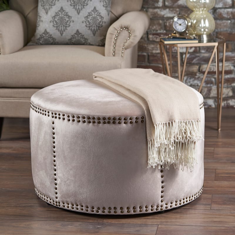 Jaewon Studded Velvet Round Ottoman Stool by Christopher Knight Home