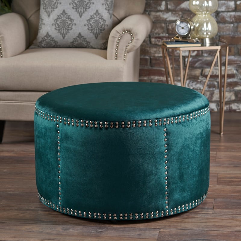 Jaewon Studded Velvet Round Ottoman Stool by Christopher Knight Home