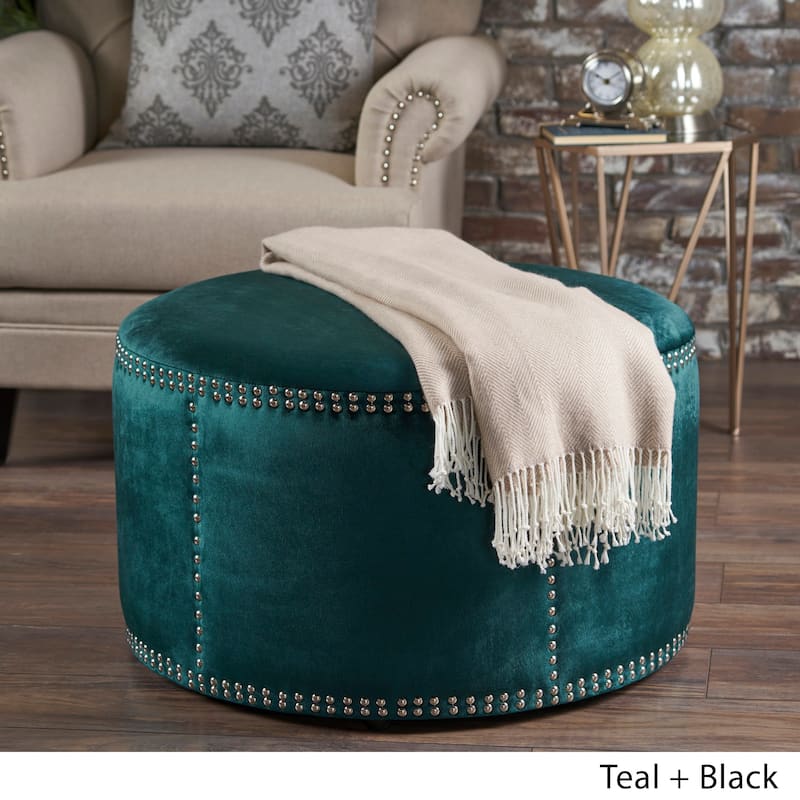 Jaewon Studded Velvet Round Ottoman Stool by Christopher Knight Home - Teal