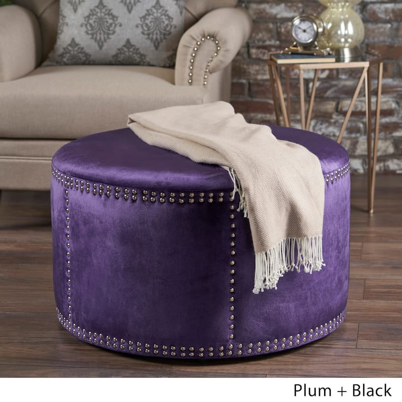 Jaewon Studded Velvet Round Ottoman Stool by Christopher Knight Home - Purple