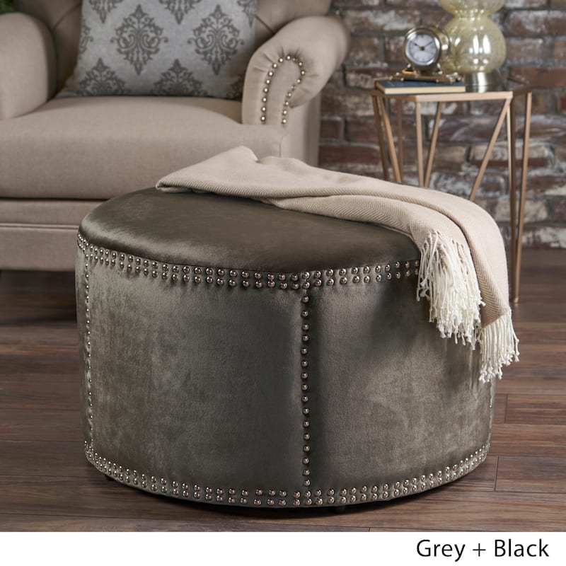 Jaewon Studded Velvet Round Ottoman Stool by Christopher Knight Home - Grey