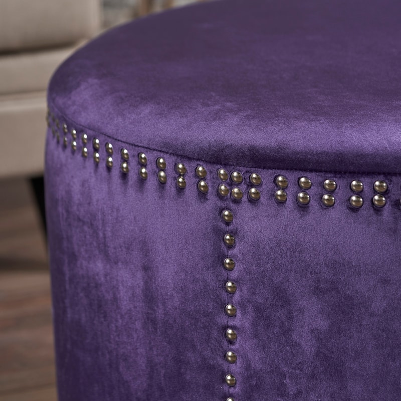 Jaewon Studded Velvet Round Ottoman Stool by Christopher Knight Home