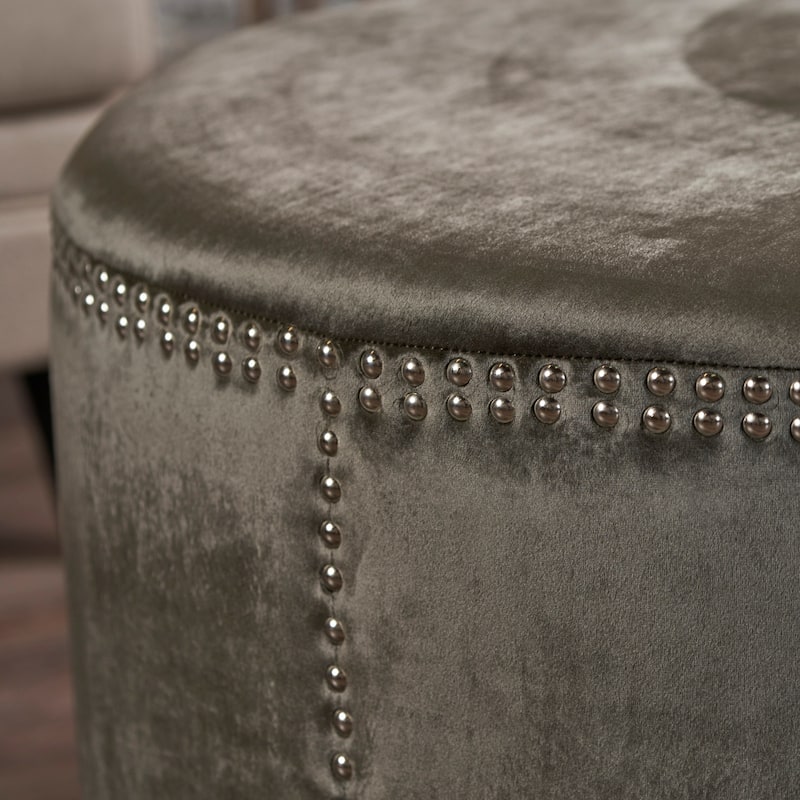 Jaewon Studded Velvet Round Ottoman Stool by Christopher Knight Home