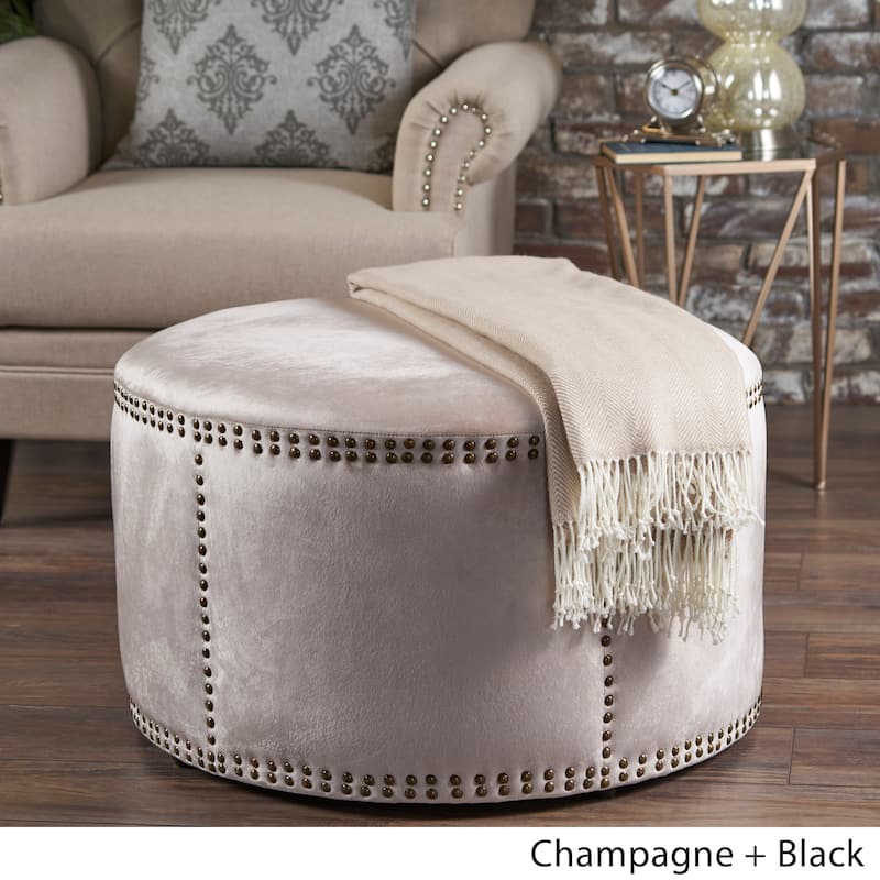 Jaewon Studded Velvet Round Ottoman Stool by Christopher Knight Home - Off White