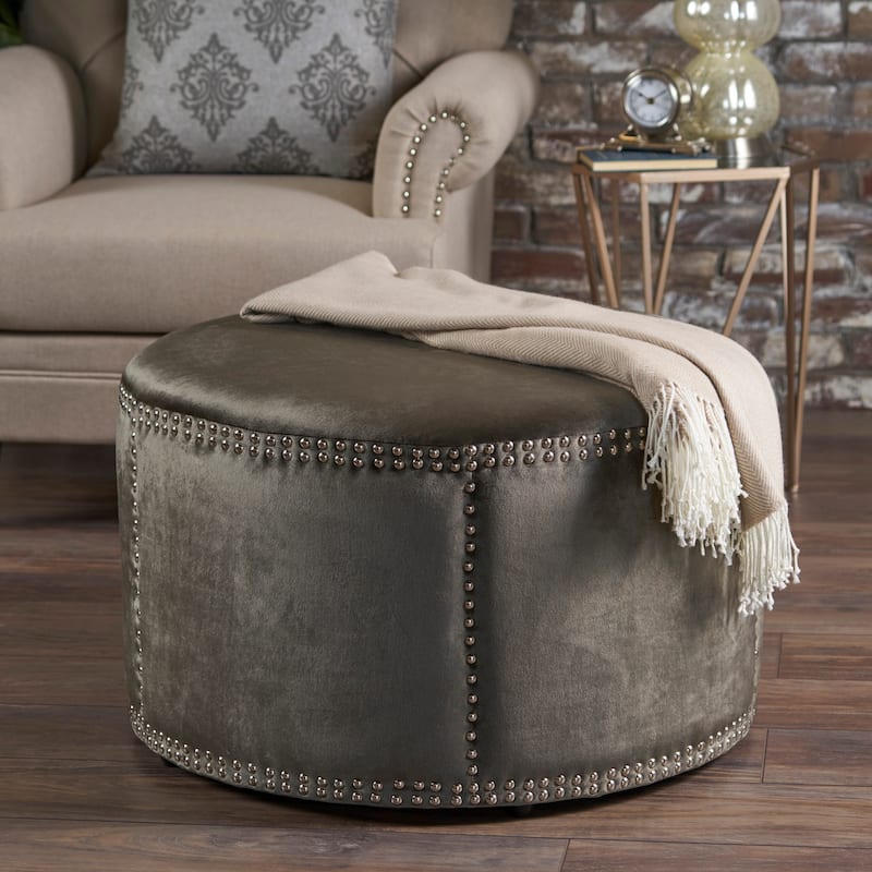 Jaewon Studded Velvet Round Ottoman Stool by Christopher Knight Home