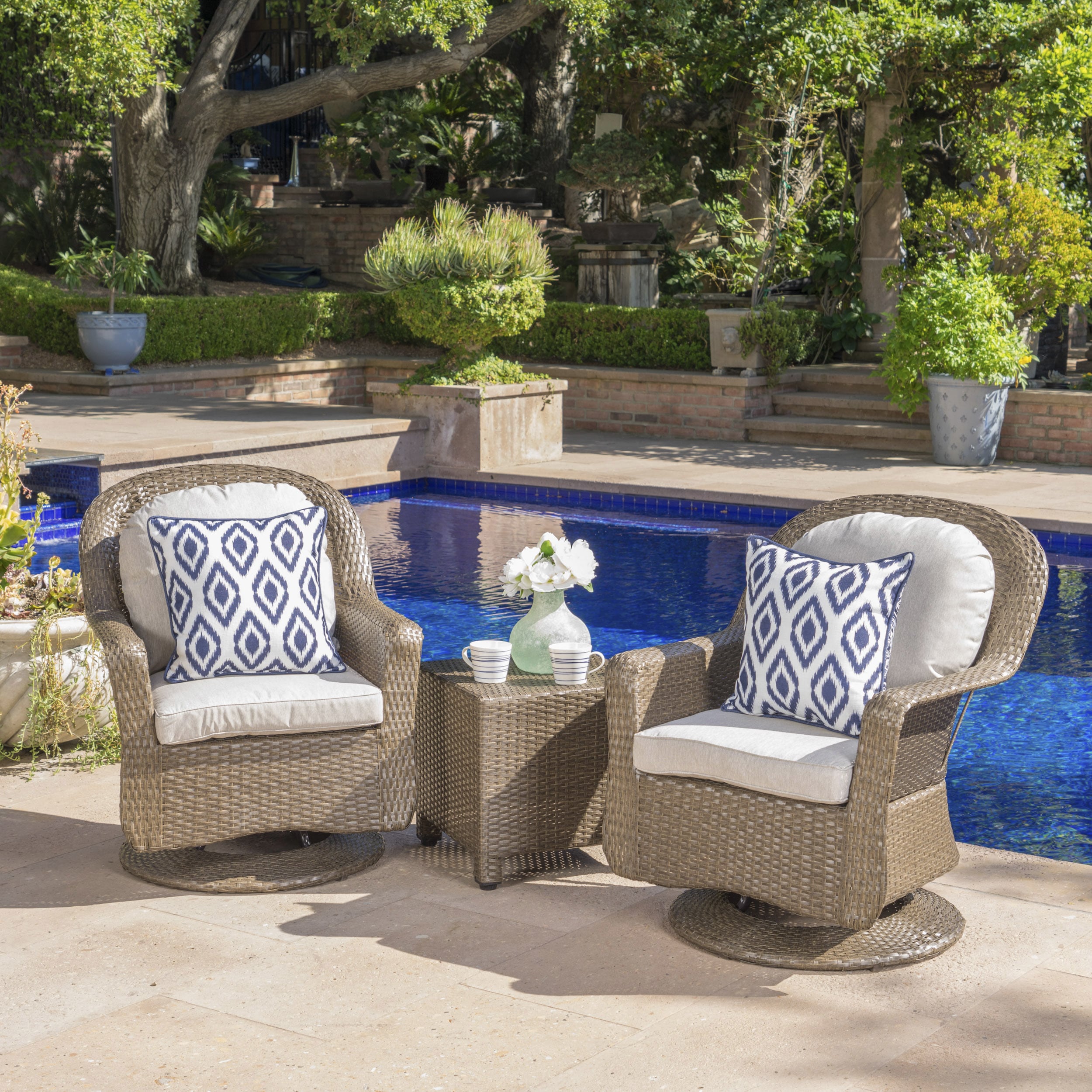 Shop Liam Outdoor 3 Piece Wicker Swivel Seating Set With Cushion By Christopher Knight Home Overstock 17904490