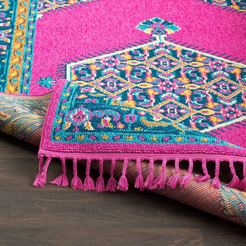 Boho Medallion Tassel Bright Pink Area Rug - 9'3" x 12'1"