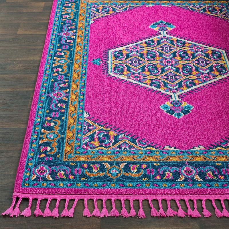 Boho Medallion Tassel Bright Pink Area Rug - 9'3" x 12'1"