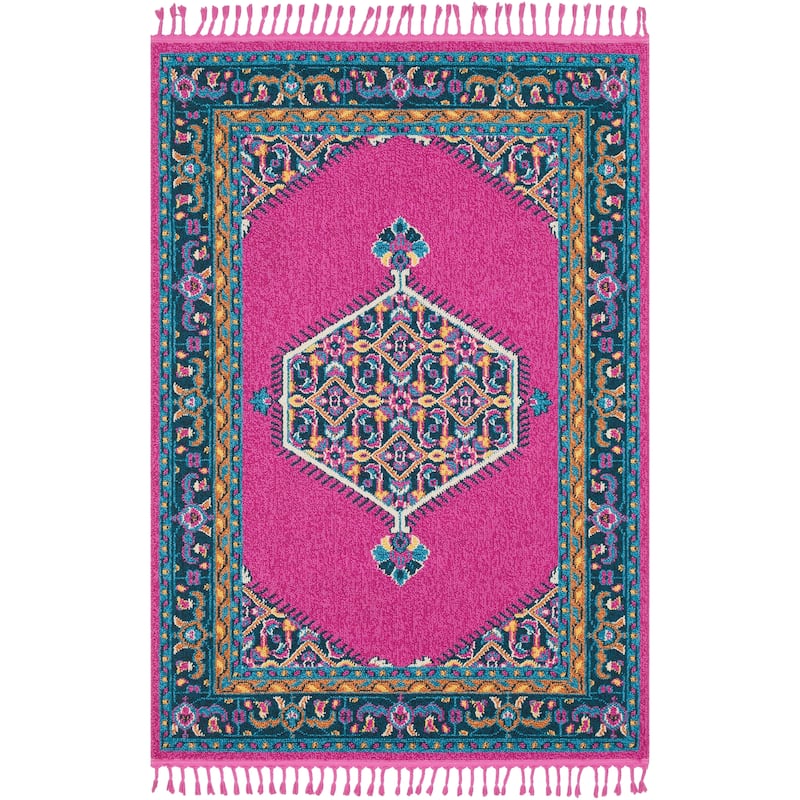 Boho Medallion Tassel Bright Pink Area Rug - 9'3" x 12'1"
