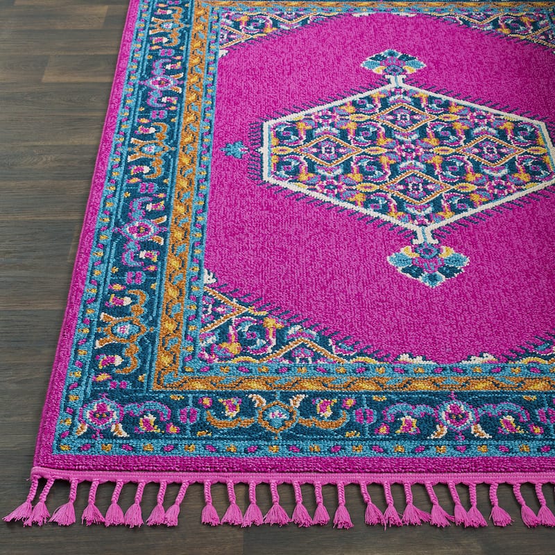 Boho Medallion Tassel Bright Pink Area Rug - 9'3" x 12'1"