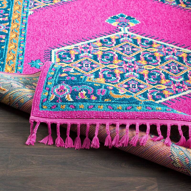 Boho Medallion Tassel Bright Pink Area Rug - 9'3" x 12'1"