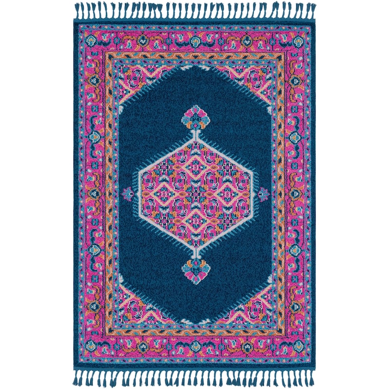 Boho Medallion Tassel Blue/Pink Area Rug - 9'3" x 12'1"