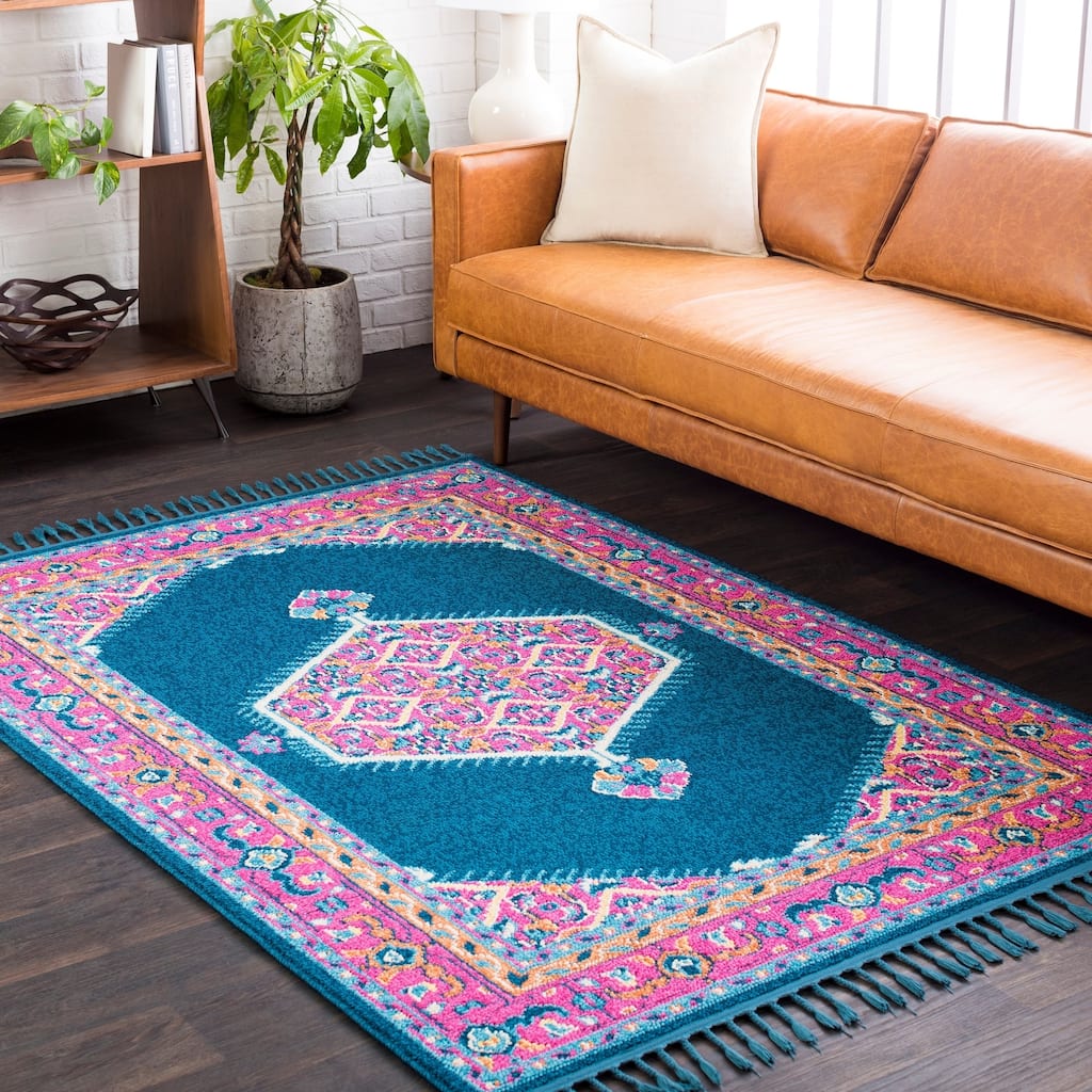 Boho Medallion Tassel Blue/Pink Area Rug - 9'3" x 12'1"