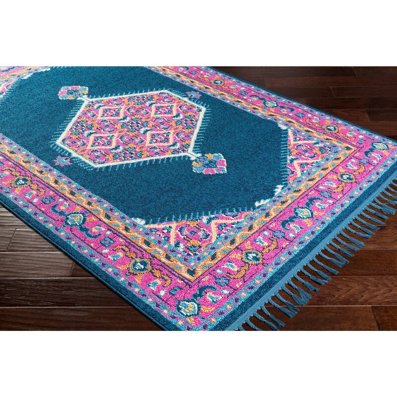 Boho Medallion Tassel Blue/Pink Area Rug - 9'3" x 12'1"