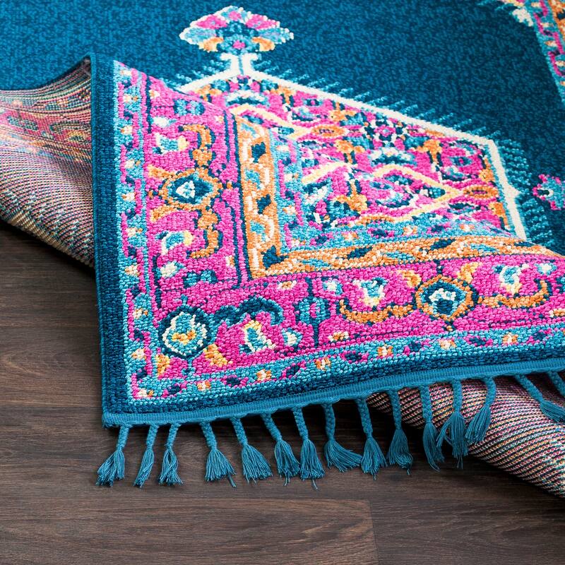 Boho Medallion Tassel Blue/Pink Area Rug - 9'3" x 12'1"