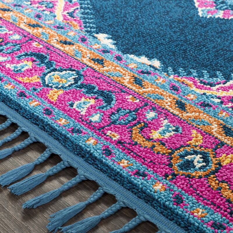Boho Medallion Tassel Blue/Pink Area Rug - 9'3" x 12'1"