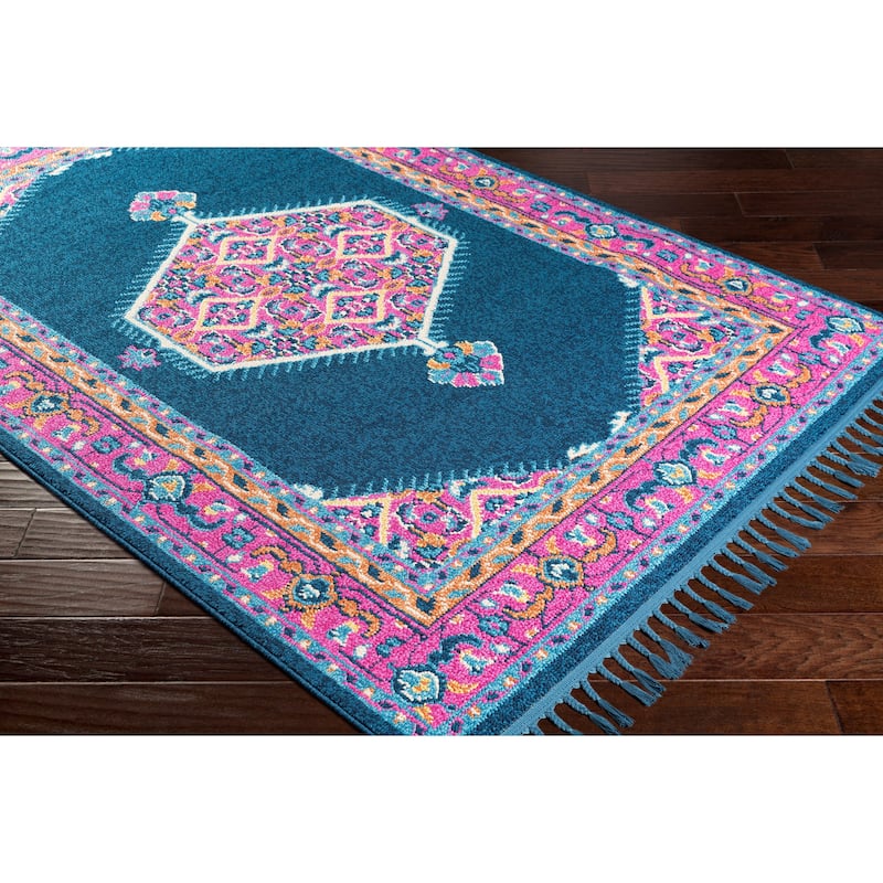Boho Medallion Tassel Blue/Pink Area Rug - 9'3" x 12'1"