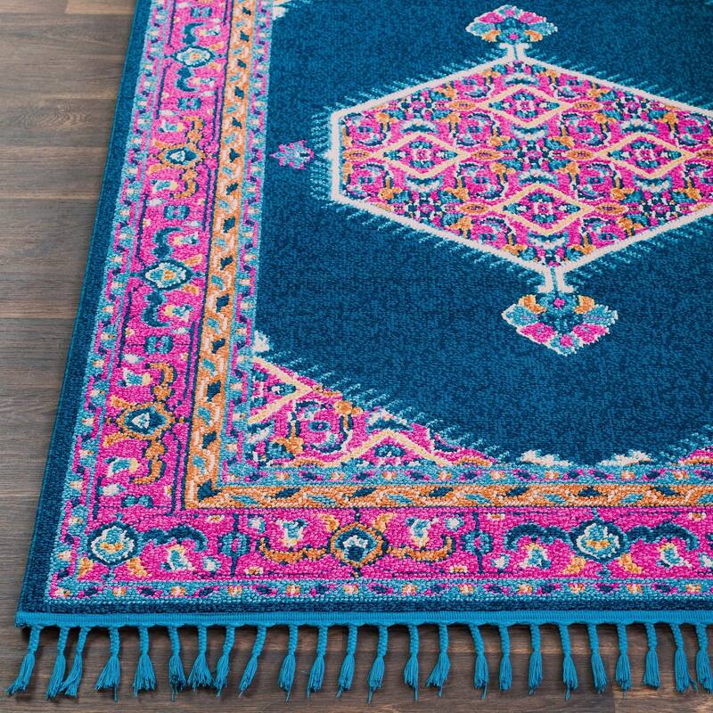 Boho Medallion Tassel Blue/Pink Area Rug - 9'3" x 12'1"