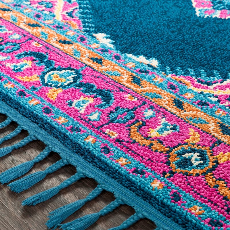 Boho Medallion Tassel Blue/Pink Area Rug - 9'3" x 12'1"