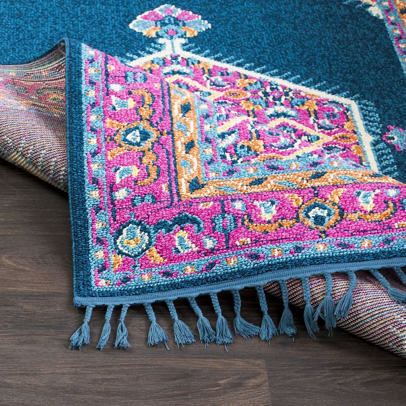 Boho Medallion Tassel Blue/Pink Area Rug - 9'3" x 12'1"