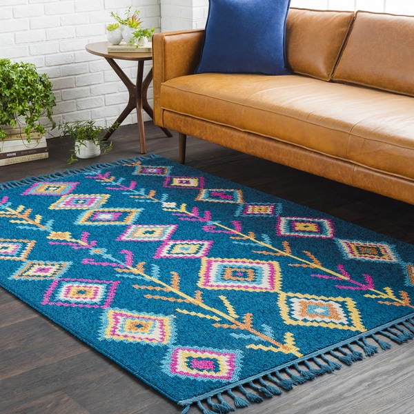 Boho Moroccan Tassel Blue Area Rug (7'10 x 10') - 7'10" x 10'