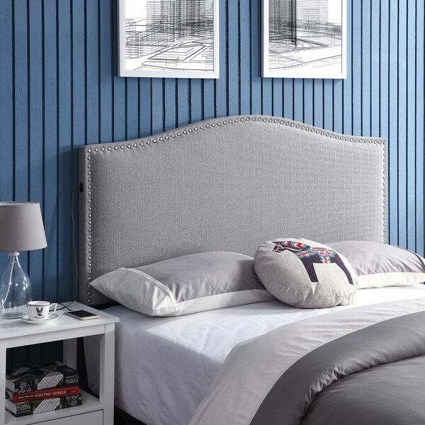 Handy Living Noleta Dove Grey Linen Upholstered Full/Queen Headboard with USB Port