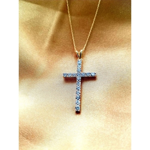 10k 1/4ct white & yellow diamond traditional women's cross necklace