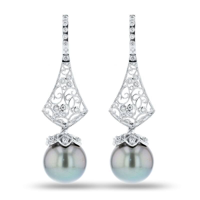 Auriya 14k White Gold Tahitian Pearl and 3/8ct TDW Diamond Earrings (13.00mm) - Black