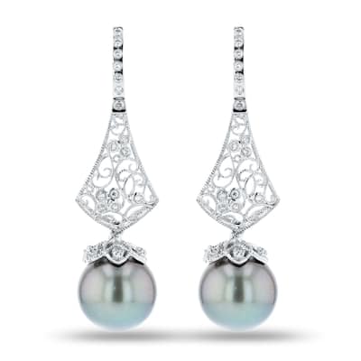 Auriya 14k White Gold Tahitian Pearl and 3/8ct TDW Diamond Earrings (13.00mm) - Black