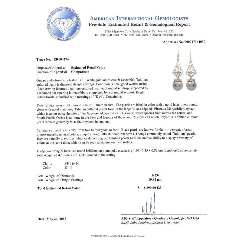 Auriya 14k White Gold Tahitian Pearl and 3/8ct TDW Diamond Earrings (13.00mm) - Black