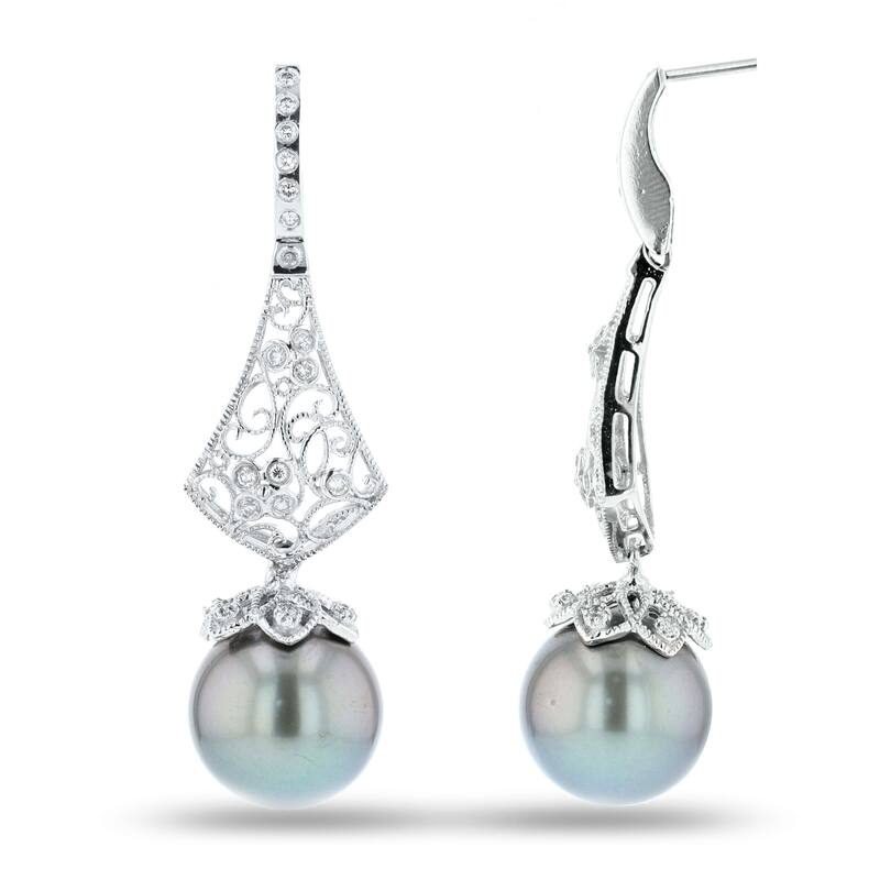 Auriya 14k White Gold Tahitian Pearl and 3/8ct TDW Diamond Earrings (13.00mm) - Black
