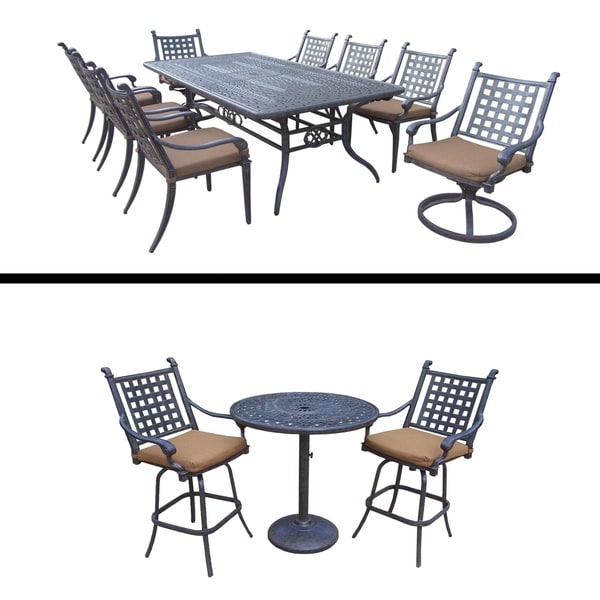 3 Pc Bar Set and 9 Pc Dining Set with Extendable Table and Cushions