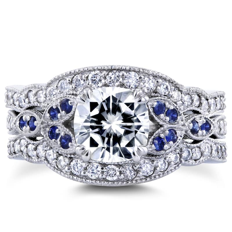 Annello by Kobelli 14k White Gold 1 3/4ct TGW Moissaanite (DEF) with Diamond and Sapphire 3-piece Bridal Set