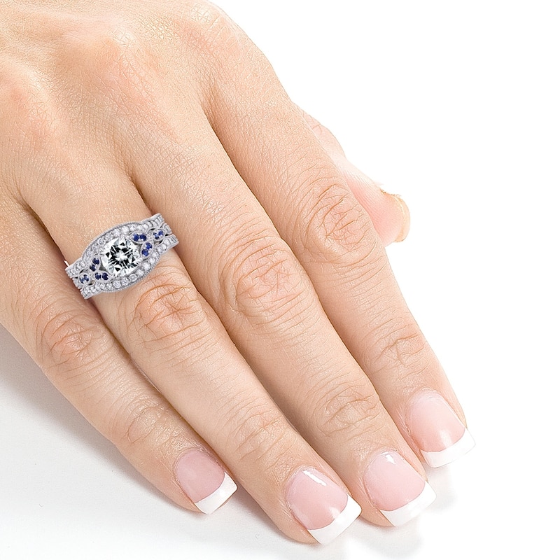 Annello by Kobelli 14k White Gold 1 3/4ct TGW Moissaanite (DEF) with Diamond and Sapphire 3-piece Bridal Set
