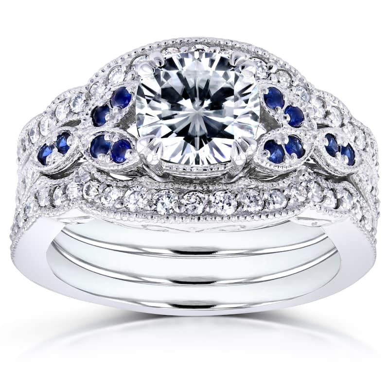 Annello by Kobelli 14k White Gold 1 3/4ct TGW Moissaanite (DEF) with Diamond and Sapphire 3-piece Bridal Set